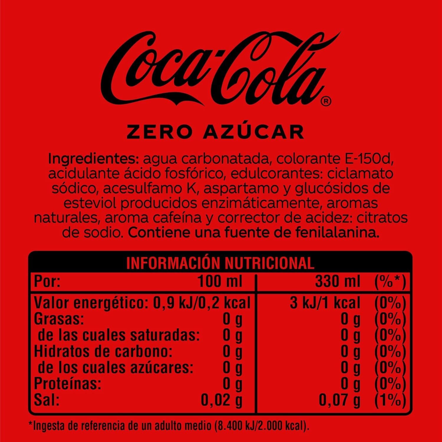 Coca-Cola Zero Azúcar, Refresco de Cola sin Azúcar, sin Calorías, Pack de 24 Latas de 330ml