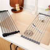 Escurridor de Platos para Fregadero, Escurridor de Platos Enrrollable de Acero Inoxidable, Escurridor Multifuncional sobre Fregadero, Escurridor de Platos Plegable, Colador de Cocina para Frutas y Verdurias, Fácil de Limpiar, Ahorra Espacio, Color Gris
