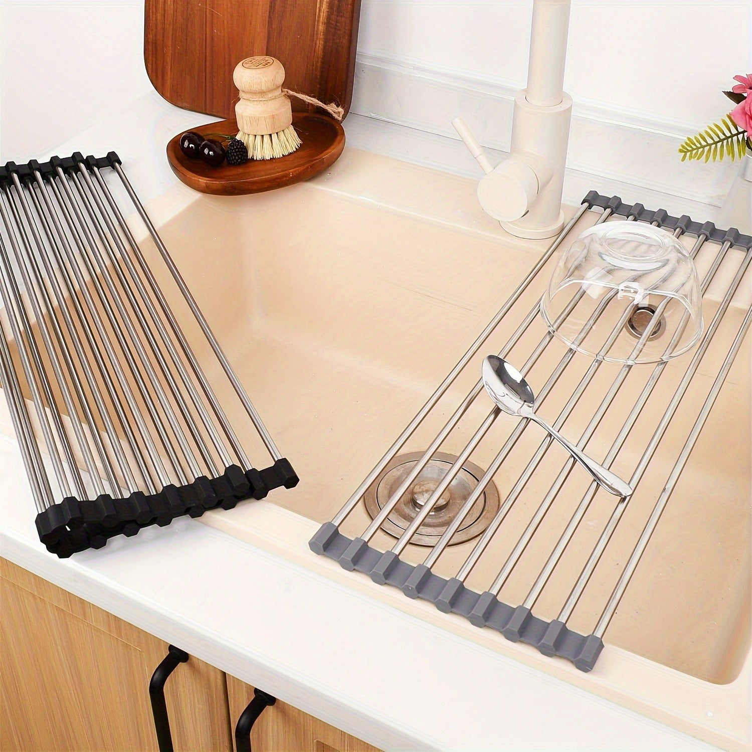 Escurridor de Platos para Fregadero, Escurridor de Platos Enrrollable de Acero Inoxidable, Escurridor Multifuncional sobre Fregadero, Escurridor de Platos Plegable, Colador de Cocina para Frutas y Verdurias, Fácil de Limpiar, Ahorra Espacio, Color Gris