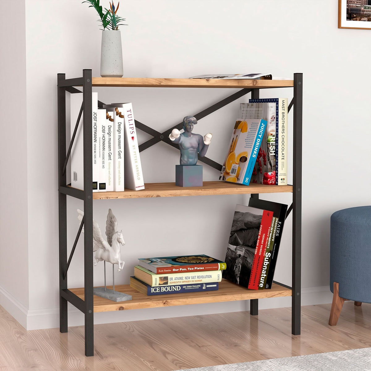 Estantería de Diseño Industrial de 3 Estantes, Mueble Organizador para Salón, Dormitorio y Oficina, Diseño Vertical con Estructura Metálica y Estantes de Acabado Madera, 66 x 34 x 85 cm