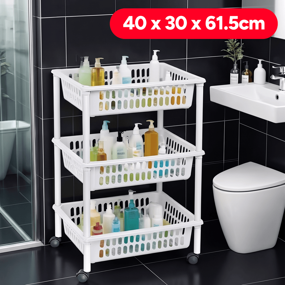 Carrito Auxiliar con Ruedas, Carrito Multifuncional de 3 Niveles, Apto para el Hogar, Oficina, Cocina, Sala de Estar, Baño, Fácil de Limpiar, Equipado con 4 Ruedas Giratorias, Desplazamiento Fluido, 40 x 30 x 61,5 cm