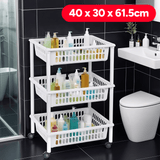 Carrito Auxiliar con Ruedas, Carrito Multifuncional de 3 Niveles, Apto para el Hogar, Oficina, Cocina, Sala de Estar, Baño, Fácil de Limpiar, Equipado con 4 Ruedas Giratorias, Desplazamiento Fluido, 40 x 30 x 61,5 cm