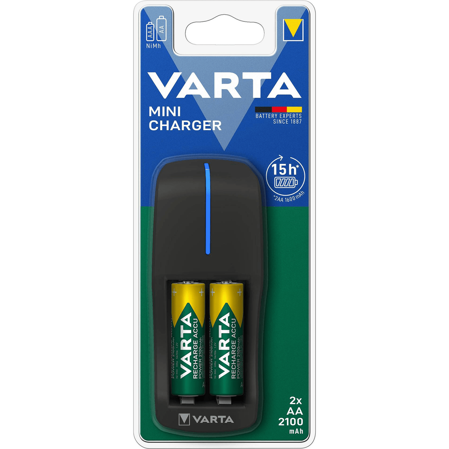 VARTA Cargador Pilas Recargables AA y AAA, Carga Hasta 2 Pilas Simultáneamente, Incluye 2 Pilas Recargables AA de 2100mAh, Sistema de Seguridad Anti sobrecarga, Tamaño Compacto Fácil de Llevar o Guardar