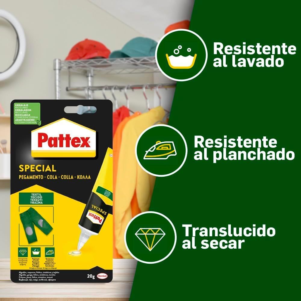 Pattex Special Pegamento Textil para Ropa, Pegamento Fuerte Resistente al Lavado y al Planchado, Pegamento para Tela y Tejidos como Cuero o Tejano, Secado Rápido, Transparente, 20g