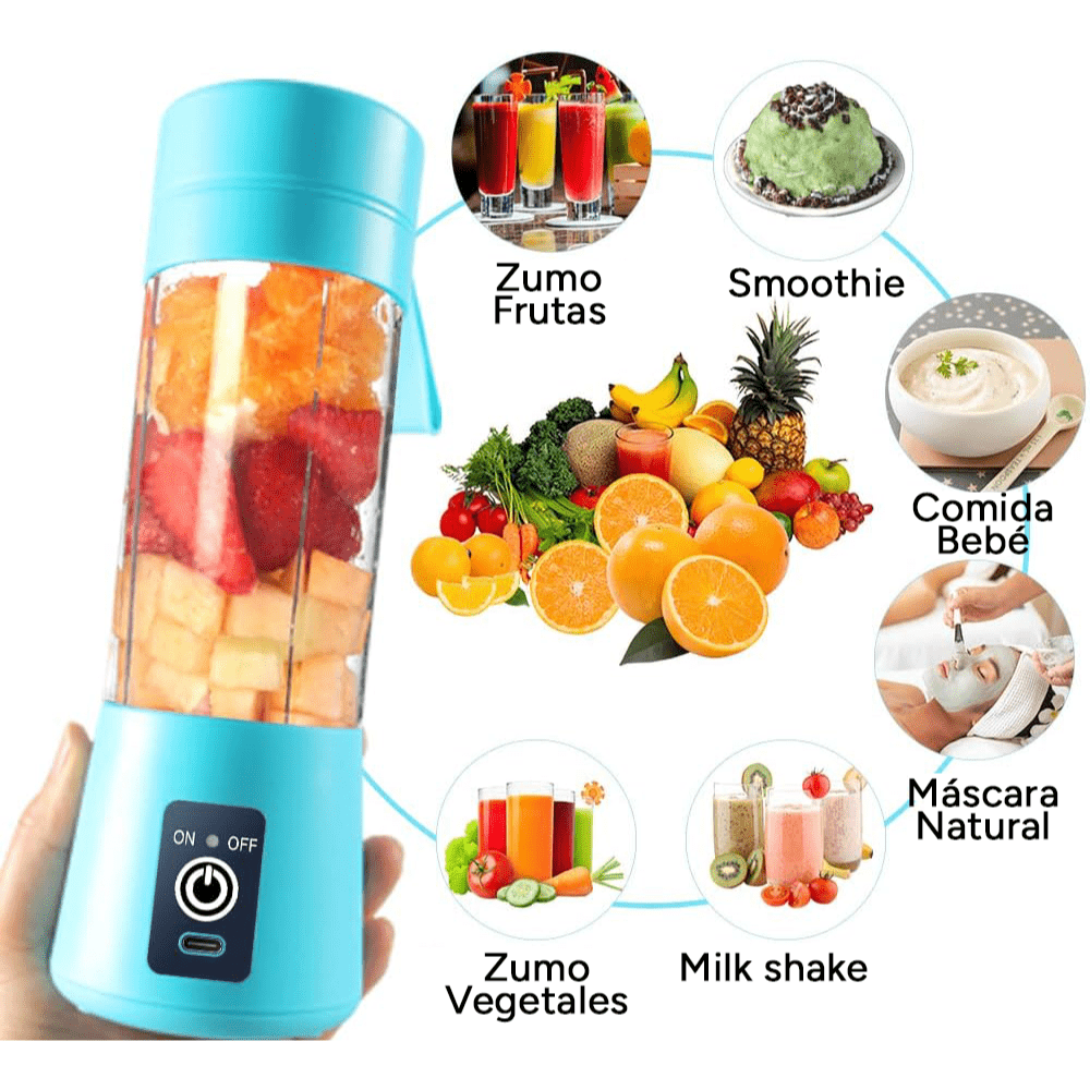 Licuadora Portatil Zumos y Batidos, Batidora para Frutas y Verduras, 6 Cuchillas de Acero, Vaso de 380ml de Capacidad, Ideal para Llevar, Cable de Carga USB, Batería de 800 mAh, 22000 RPM