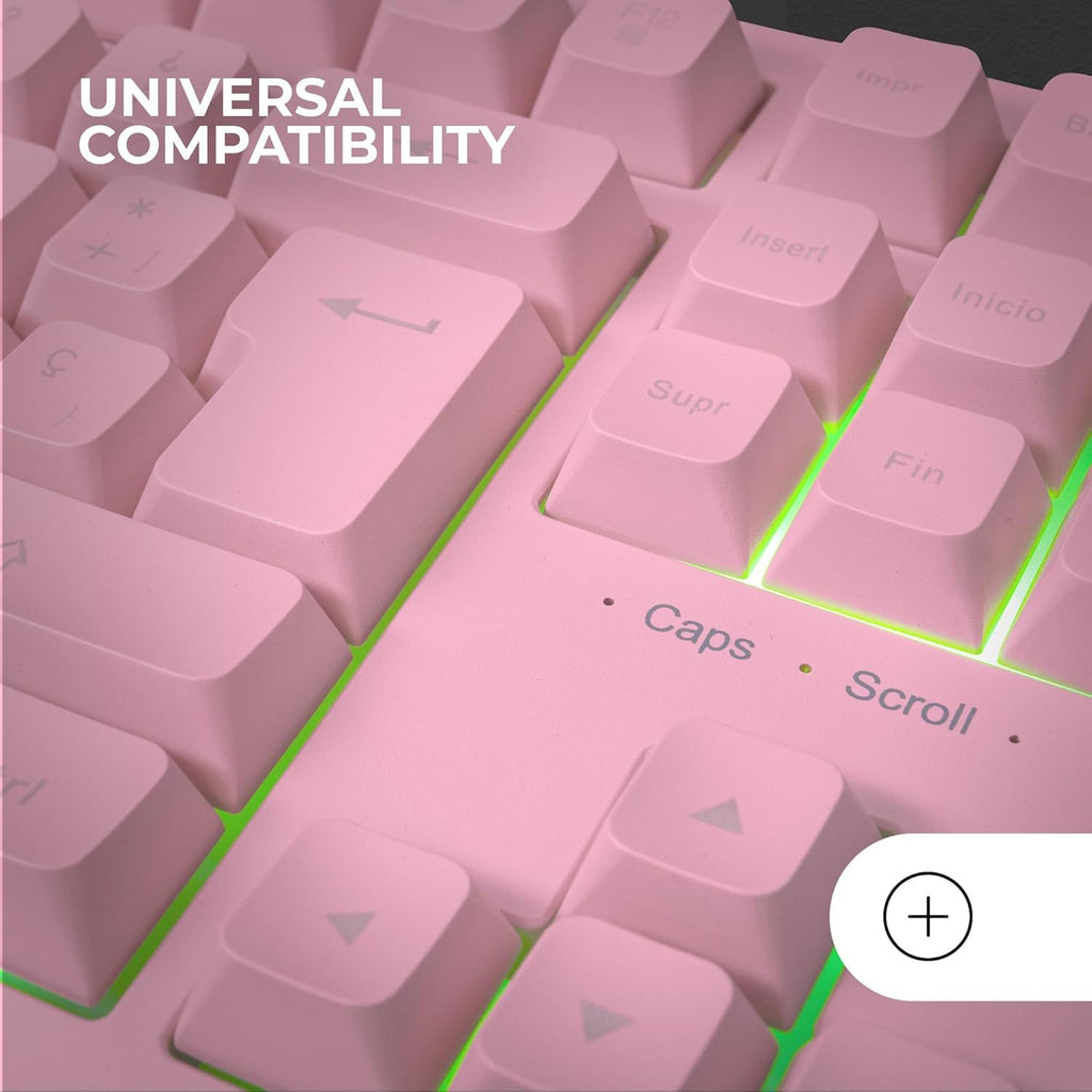 Mars Gaming MK023, Teclado Gaming TKL, Tecnología Híbrida H-Mech, Iluminación FRGB Rainbow, Anti-ghosting, Compatibilidad Universal, Rosa, Idioma Francés