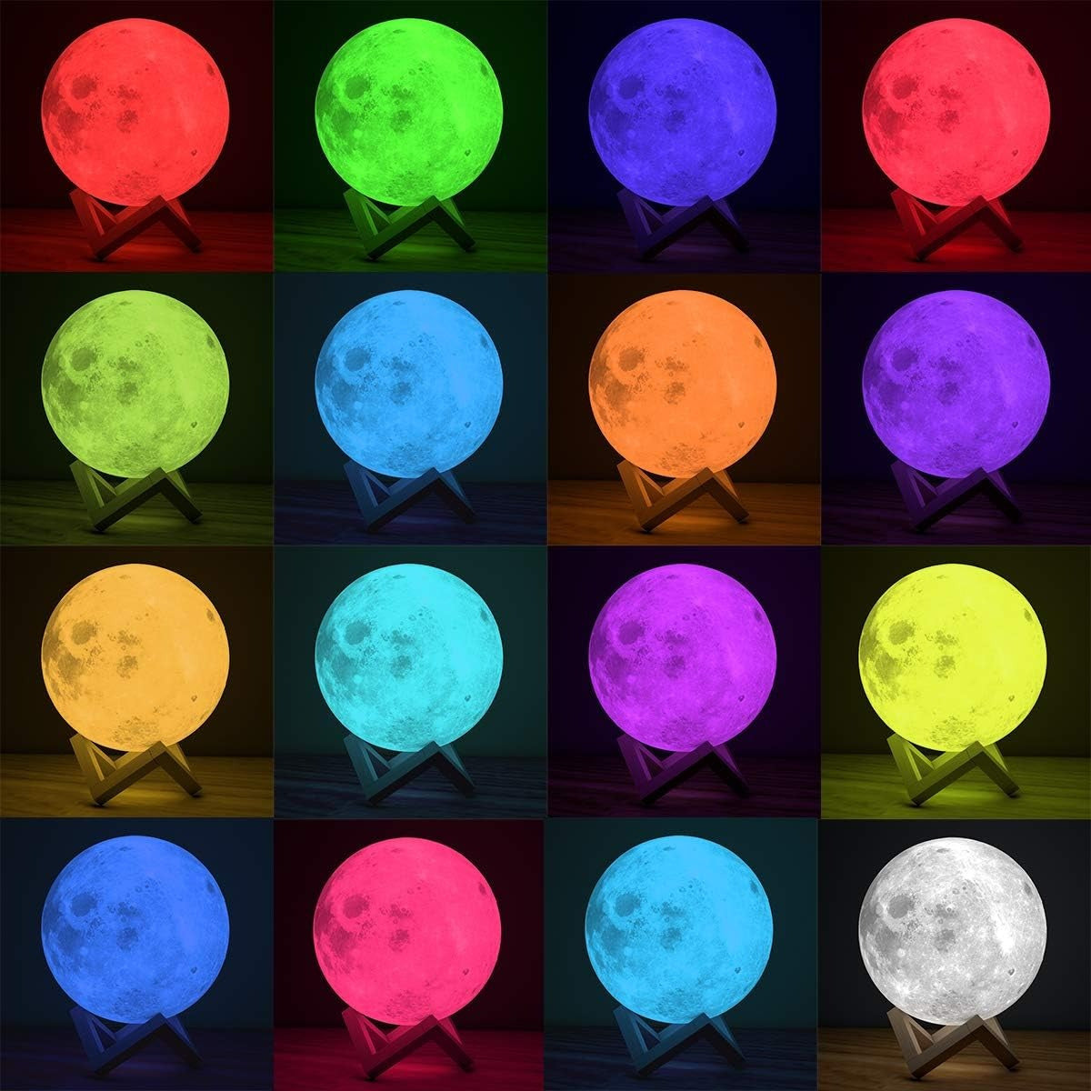 Lámpara Luna de 16 Colores, Mando a Distancia, Incluye Base de Madera y Cable USB de Carga, Tamaño de la Esfera: 15 cm, 16 Modos de Color, Batería de litio: 300 mAh