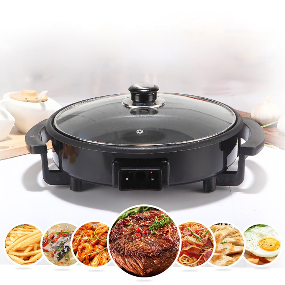 Paellera Eléctrica, Plato de Pizza, Sartén Eléctrica con Tapa de Cristal Templado y Revestimiento Antiadherente, Potencia 1500W, Control de Termostato Ajustable, Asas para Facilitar el Transporte, Fácil de Limpiar