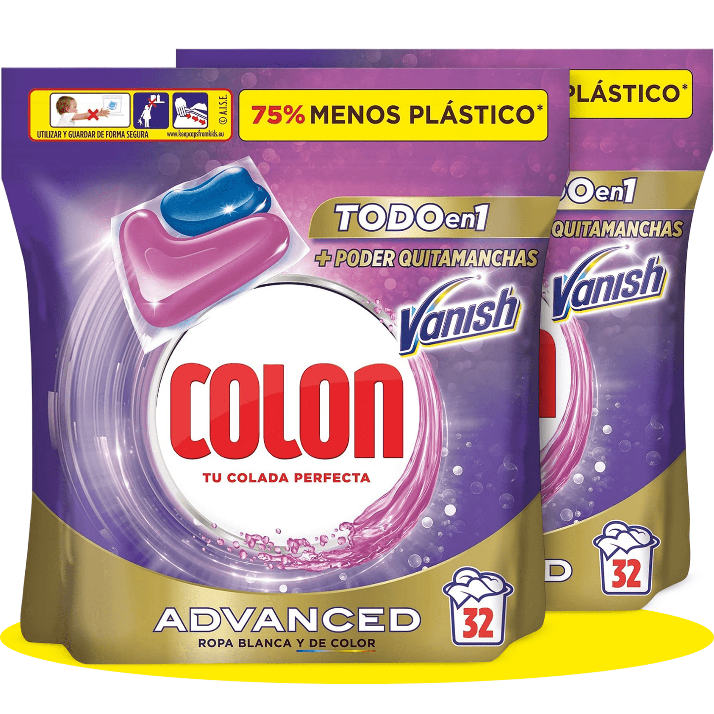 COLON Detergente para Lavadora en Cápsulas Vanish Todo en 1, Alto Podert Quitamanchas, Para Ropa Blanca y de Color, 32 Capsulas por Paquete