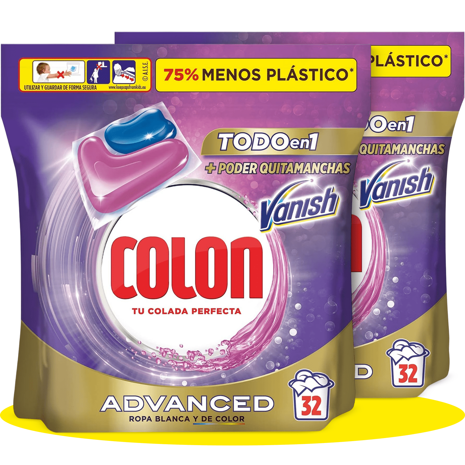 COLON Detergente para Lavadora en Cápsulas Vanish Todo en 1, Alto Podert Quitamanchas, Para Ropa Blanca y de Color, 32 Capsulas por Paquete