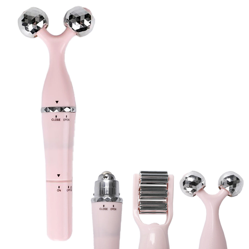 Masajeador Facial con 3 Cabezales, Rodillo para Triple Masaje, Rodillo en V para Reafirmar, Esfera para Contorno de Ojos, Vibración Suave, Práctico y Ligero, Funciona con 1 Pila AA (No Incluida)
