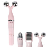 Masajeador Facial con 3 Cabezales, Rodillo para Triple Masaje, Rodillo en V para Reafirmar, Esfera para Contorno de Ojos, Vibración Suave, Práctico y Ligero, Funciona con 1 Pila AA (No Incluida)