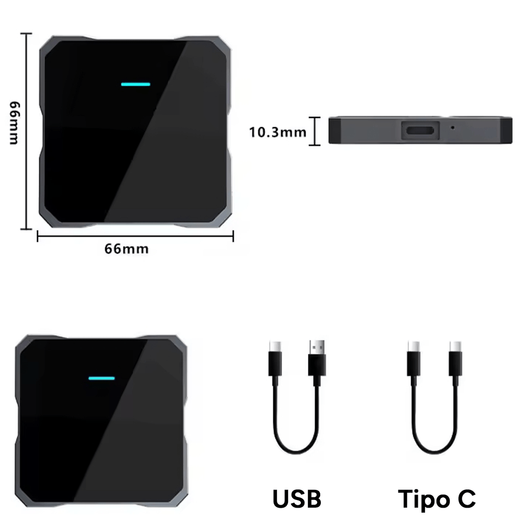 Adaptador CarPlay Inalámbrico compatible con CarPlay y Android Auto con Cable, Bluetooth 5.0, WiFi 5.8GHz, Procesador Quad-Core A53, Soporte Multimedia y Streaming, Diseño Compacto, Listo para Usar