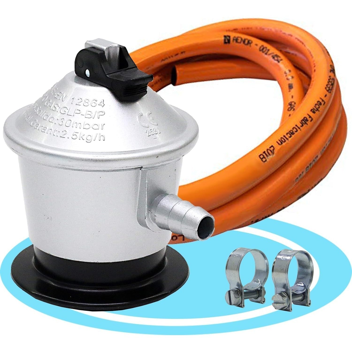 Regulador de Gas Butano con Válvula de Seguridad, con Certificación Europea y Española, 30mbar, 7x7x10 cm