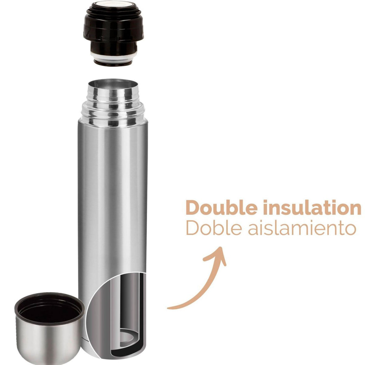 AKTIVE Botella de Agua Térmica de Acero Inoxidable con Doble Aislamiento, Mantiene Bebidas Calientes por 12 Horas o Frías por hasta 24 Horas, Tapa Antifugas, Capacidad de 1L, Plateado
