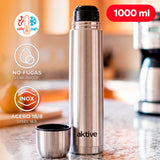 AKTIVE Botella de Agua Térmica de Acero Inoxidable con Doble Aislamiento, Mantiene Bebidas Calientes por 12 Horas o Frías por hasta 24 Horas, Tapa Antifugas, Capacidad de 1L, Plateado