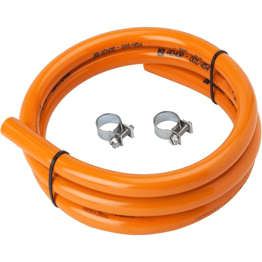 Manguera Butano Homologada de 2 metros + 2 Abrazaderas Seguridad, 9mm Diámetro Interior, 15mm Diámetro Exterior, Apto para Cocinas, Estufas Gas, Calderas, Barbacoas, Paelleras, Calentadores, Norma UNE 53.539