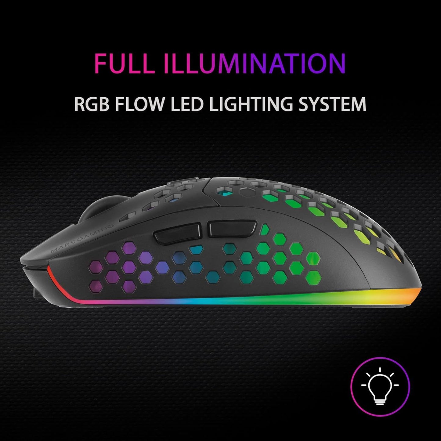 Mars Gaming MMW3, Ratón Gaming Inalámbrico Ultraligero Hive, RGB Flow, Sensor 3200 dpi, Switches Mecánicos HUANO, Batería Recargable, 2.4G USB, Negro