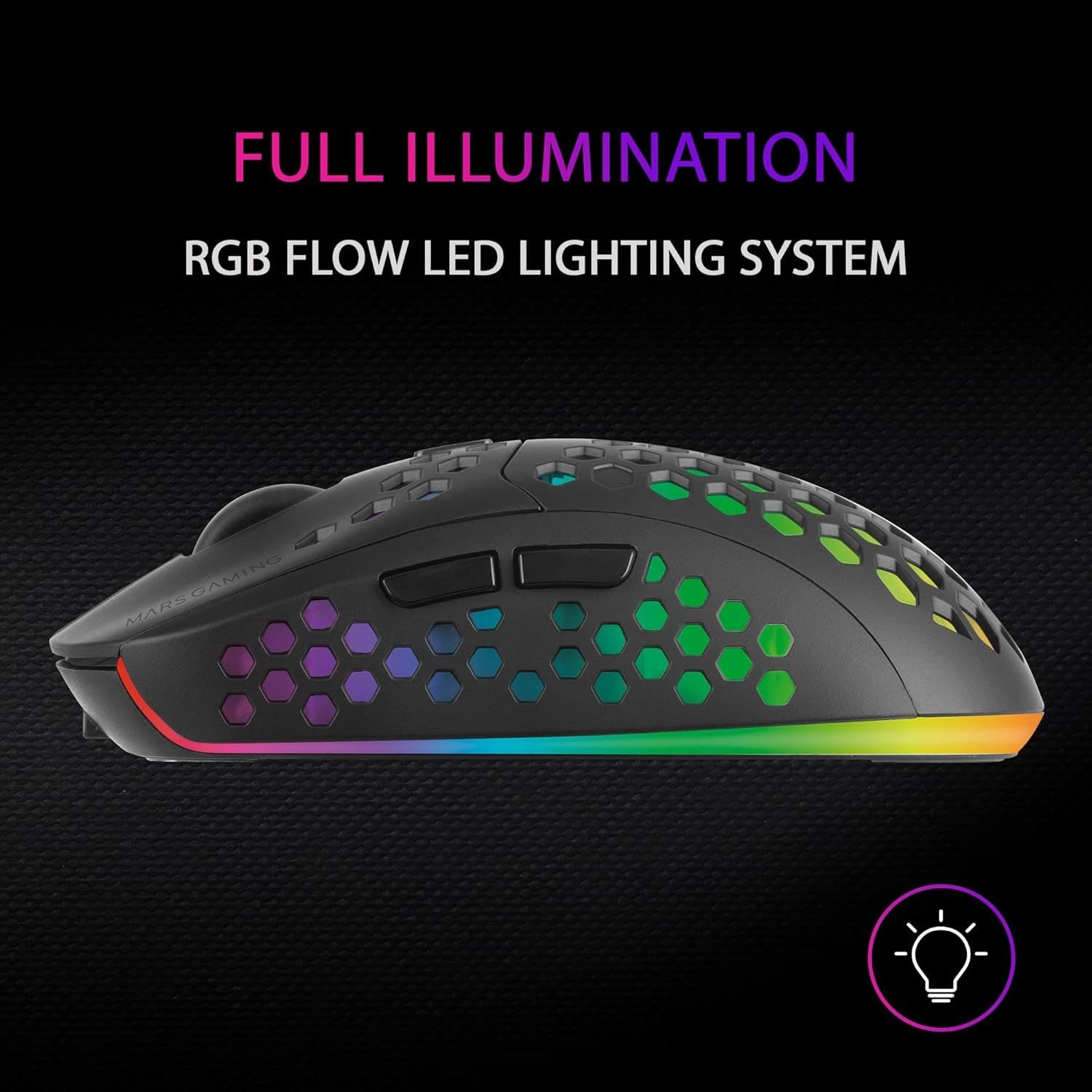 Mars Gaming MMW3, Ratón Gaming Inalámbrico Ultraligero Hive, RGB Flow, Sensor 3200 dpi, Switches Mecánicos HUANO, Batería Recargable, 2.4G USB, Negro