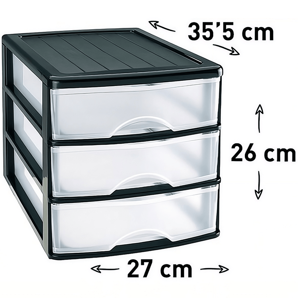 Cajonera Almacenamiento Plástico de Sobremesa, 3 Cajones, Ideal para Ordenar y Organizar el Hogar, Negro