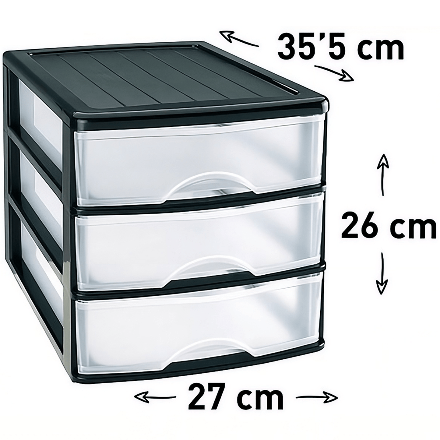 Cajonera Almacenamiento Plástico de Sobremesa, 3 Cajones, Ideal para Ordenar y Organizar el Hogar, Negro