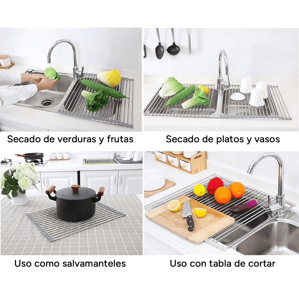 Escurridor de Platos para Fregadero, Escurridor de Platos Enrrollable de Acero Inoxidable, Escurridor Multifuncional sobre Fregadero, Escurridor de Platos Plegable, Colador de Cocina para Frutas y Verdurias, Fácil de Limpiar, Ahorra Espacio, Color Gris