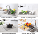 Escurridor de Platos para Fregadero, Escurridor de Platos Enrrollable de Acero Inoxidable, Escurridor Multifuncional sobre Fregadero, Escurridor de Platos Plegable, Colador de Cocina para Frutas y Verdurias, Fácil de Limpiar, Ahorra Espacio, Color Gris