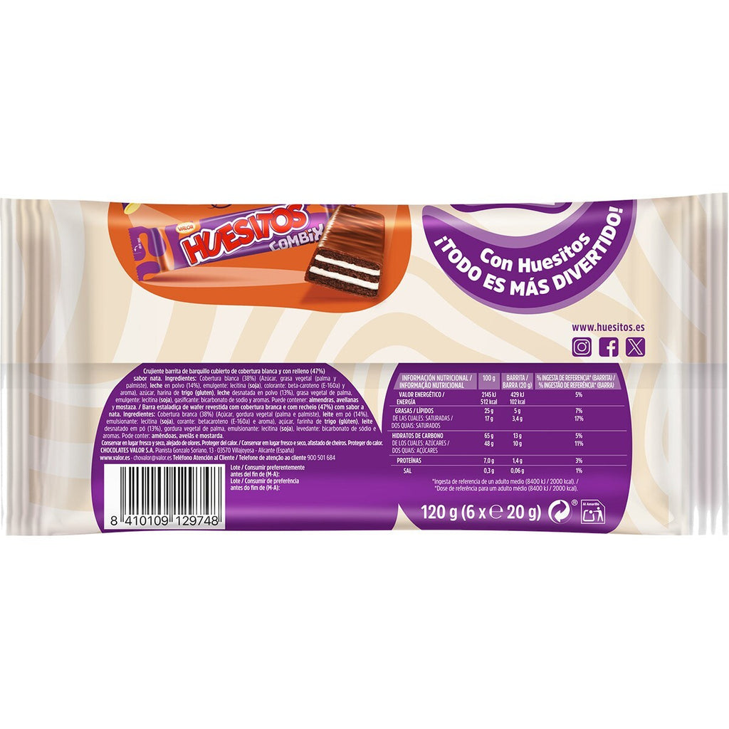 Huesitos Chocolate Blanco Pack Ahorro 36 Unidades, Barritas de Barquillo cubierto de Chocolate Blanco con Relleno de sabor Nata, Chocolate VALOR, 20g por Barrita, 36 Unidades
