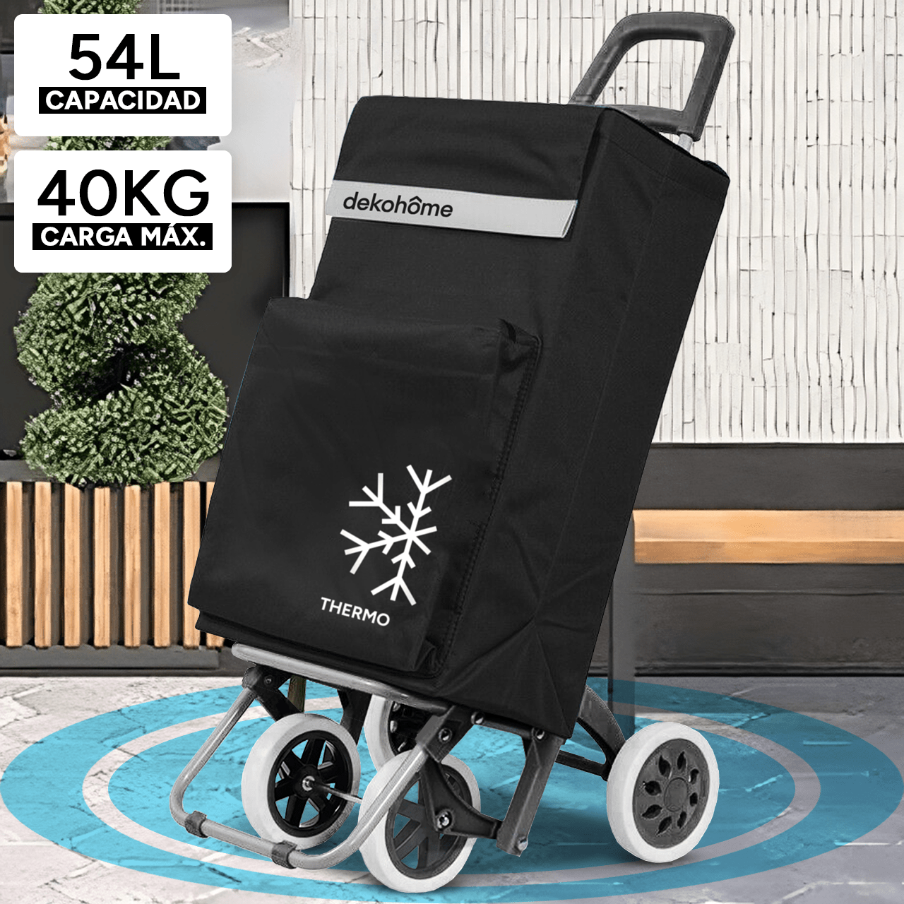 Carro Compra Plegable 4 Ruedas con Bolsillo Térmico para Congelados, Carro Plegable con Ruedas, 54 Litros de Capacidad y 40 Kg de Carga Máxima, Compartimentos Extra, Ruedas Grandes Resistentes para Facilitar el Movimiento y el Transporte del Peso