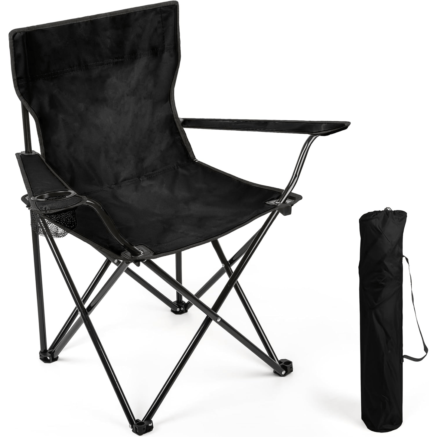 Pack x2 Sillas Plegables Camping con Respaldo y Apoyabrazos para Exterior, Acampada, Pescar y Picnic de 50 x 50 x 80 cm, Resistente y Compacta, Soporta hasta 120kg, Negro