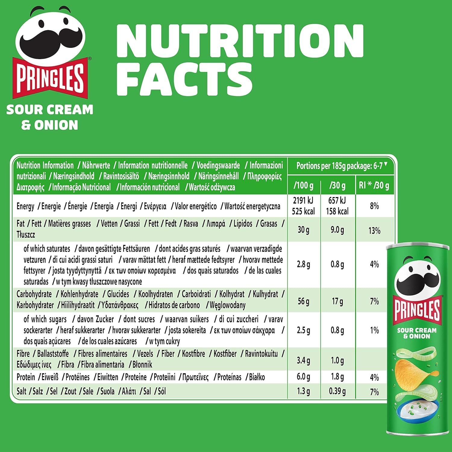 Pringles Sour Cream & Onion, Snack de Patatas Fritas sabor Crema Agria y Cebolla, Tamaño XXL de 185g, Pack de 6 Unidades