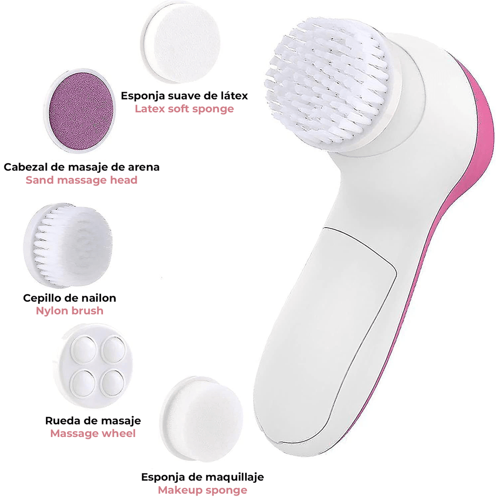 Cepillo Limpiador Facial Eléctrico 5 en 1, 2 Velocidades, Incluye Cabezal de Cepillo de Limpieza Profunda, Esponja para Maquillaje, Esponja para Masaje, Masajeador de Esferas, Disco Exfoliante, Funciona con 2 Pilas AA (No Incl)