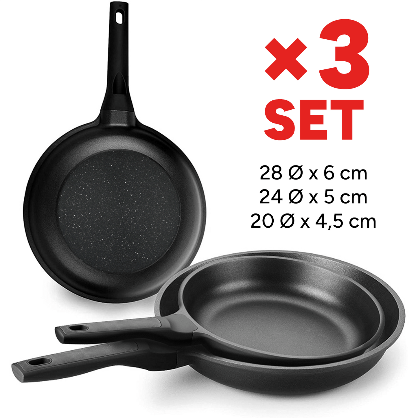 Set Sartenes Cocina Antiadherente, 3 Tamaños: 20, 24 y 28 cm de Diámetro, Calidad Cocina Profesional, Aluminio Fundido a Presión, Acabado Efecto Piedra, Revestimiento Antiadherente, Distribuye el Calor Uniformemente, Muy Resistente a Arañazos