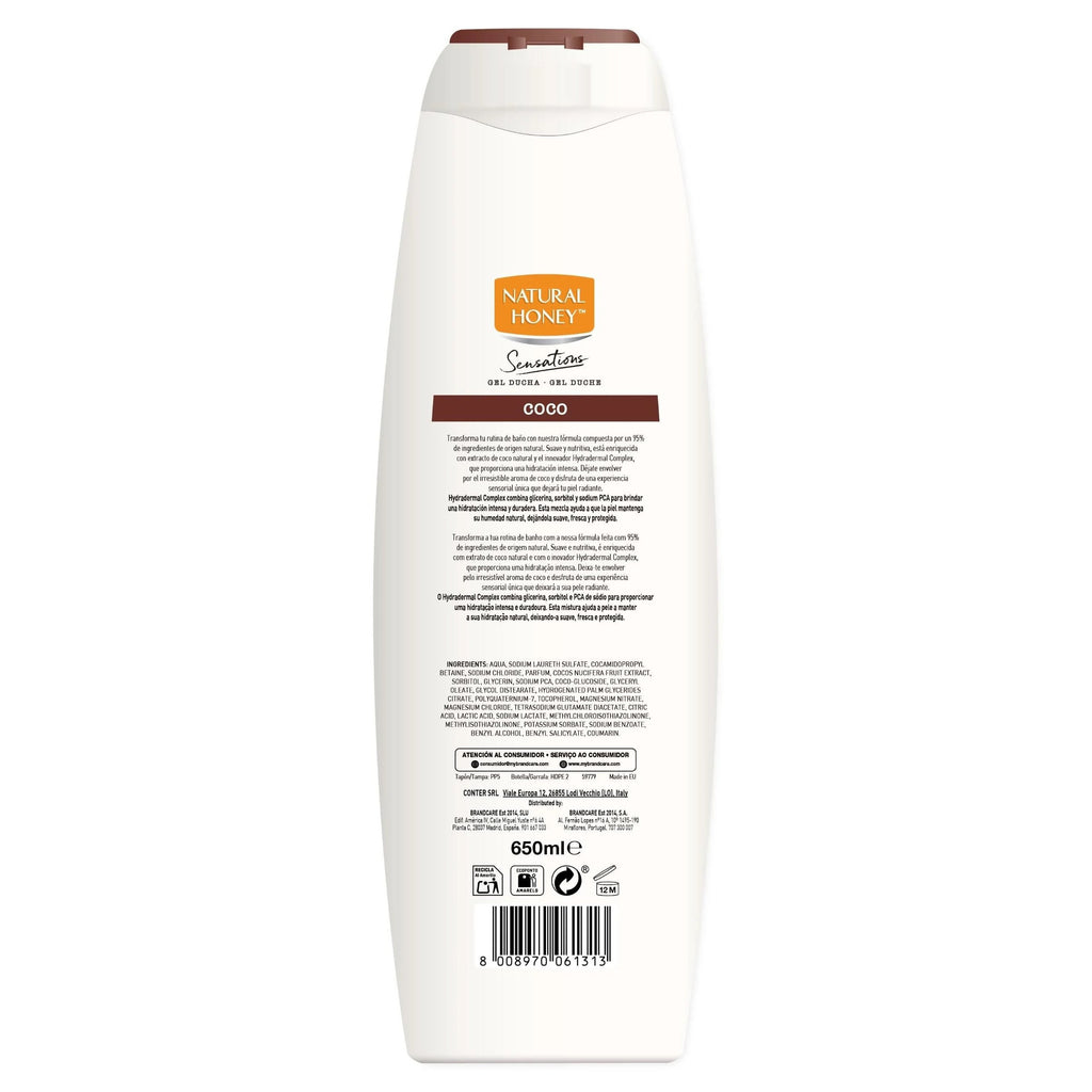 Natural Honey, Gel de Ducha con Extracto Natural de Coco Hidratante y Suavizante, con Hydradermal Complex para una Piel Suave, Fresca y Protegida, Aroma Tropical, Línea Sensations, 650 ml