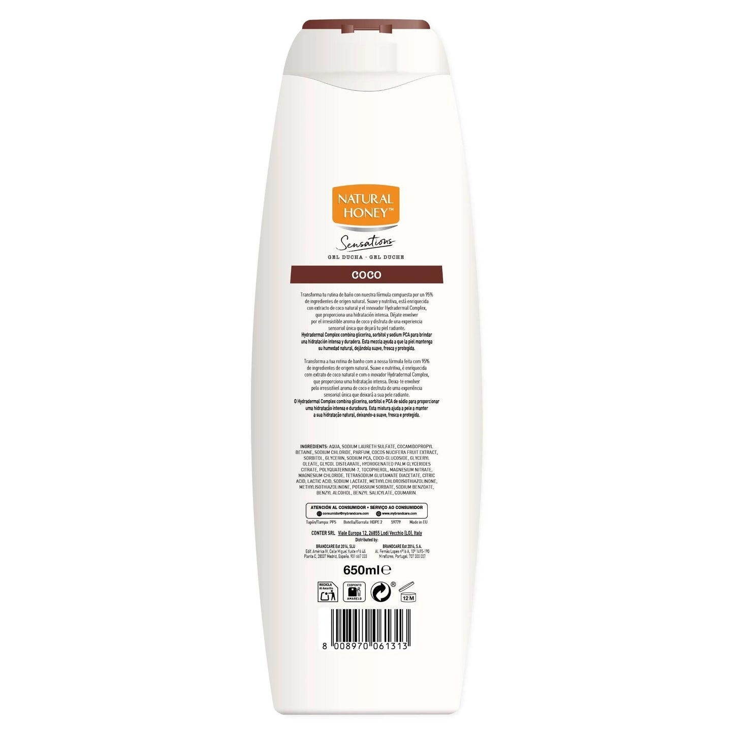 Natural Honey, Gel de Ducha con Extracto Natural de Coco Hidratante y Suavizante, con Hydradermal Complex para una Piel Suave, Fresca y Protegida, Aroma Tropical, Línea Sensations, 650 ml