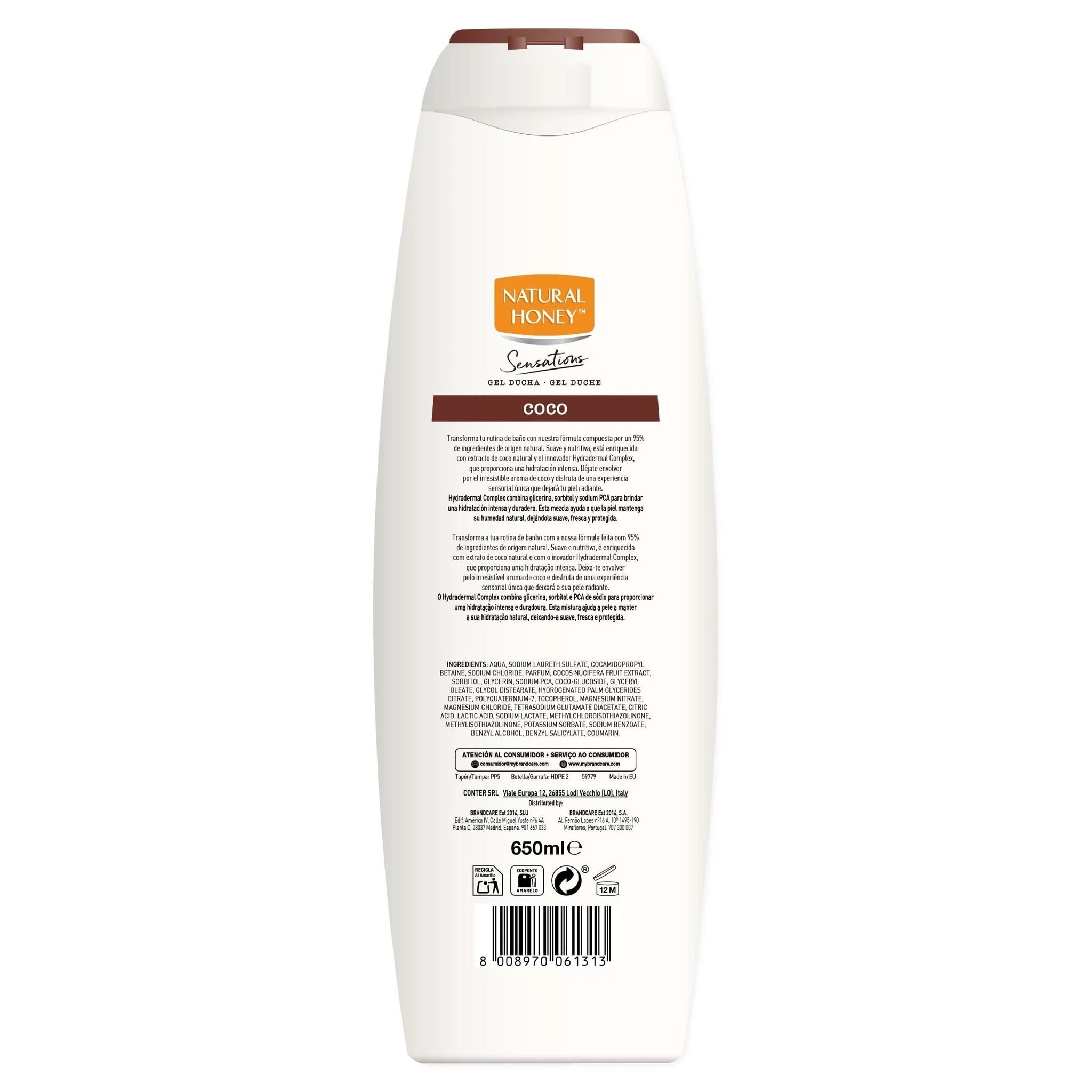 Natural Honey, Gel de Ducha con Extracto Natural de Coco Hidratante y Suavizante, con Hydradermal Complex para una Piel Suave, Fresca y Protegida, Aroma Tropical, Línea Sensations, 650 ml