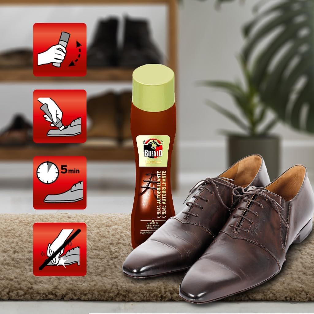 Búfalo Crema para Zapatos Autobrillante Color Marrón, Formulada con Aceite Natural de Almendras, Cuidado del Calzado y Color, Brillo Intenso Inmediato, Frasco de 50ml