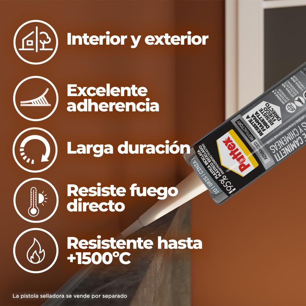 Pattex Silicona Barbacoas y Chimeneas, Para Interior y Exterior, Adherencia Excelente, Larga Duración, Color Gris, 500g