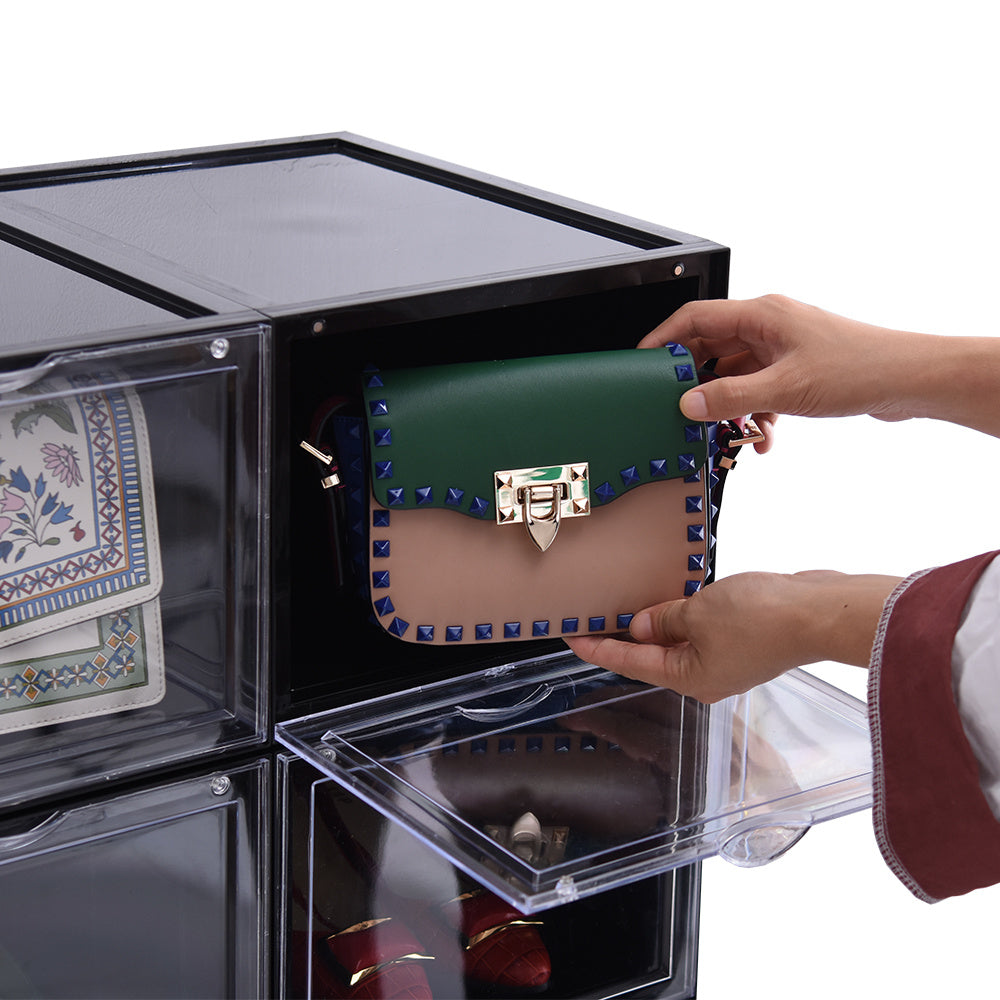 Zapateros Organizador de Plástico, Set de 4 Cajas de Zapatos de Plástico Apilables, Montaje Fácil y Rápido, Puerta Transparente Magnética, Dimensión de cada Caja: 36 x 28 x 22 cm