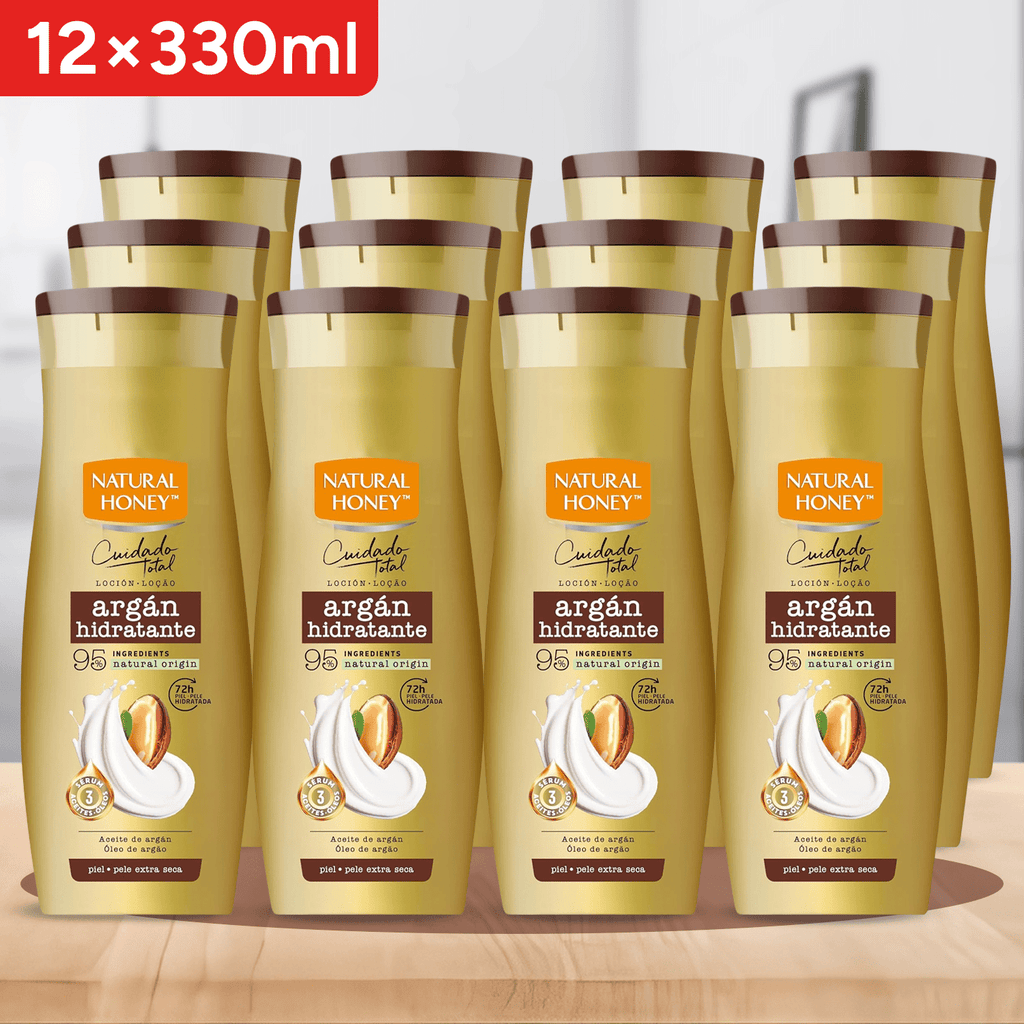 Natural Honey, Loción Corporal Argán Hidratante para Pieles Secas, 72H de Hidratación Profunda, Fórmula con Aceite de Argán y Sérum de 3 Aceites, Piel Suave y Radiante, Línea Cuidado Total, 330 ml por Botella
