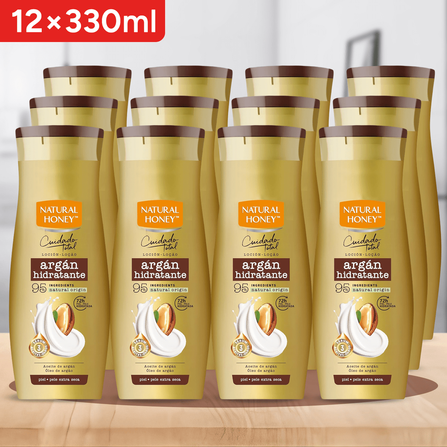 Natural Honey, Loción Corporal Argán Hidratante para Pieles Secas, 72H de Hidratación Profunda, Fórmula con Aceite de Argán y Sérum de 3 Aceites, Piel Suave y Radiante, Línea Cuidado Total, 330 ml por Botella