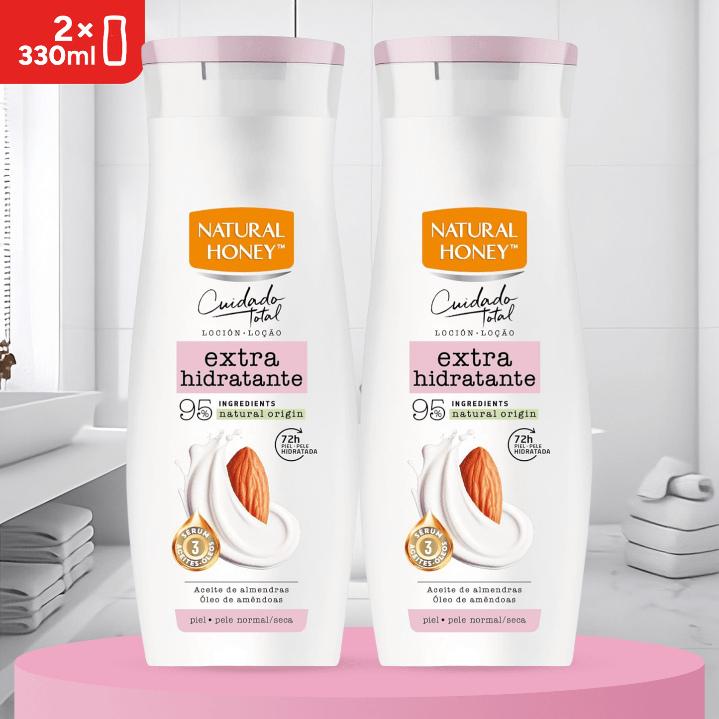 Natural Honey, Loción Corporal Aceite de Almendra Dulce Extra Hidratante, 72H de Hidratación Profunda, Fórmula Suave con Aceites Naturales, Piel Extra Suave y Luminosa, Línea Cuidado Total, 330 ml por Botella