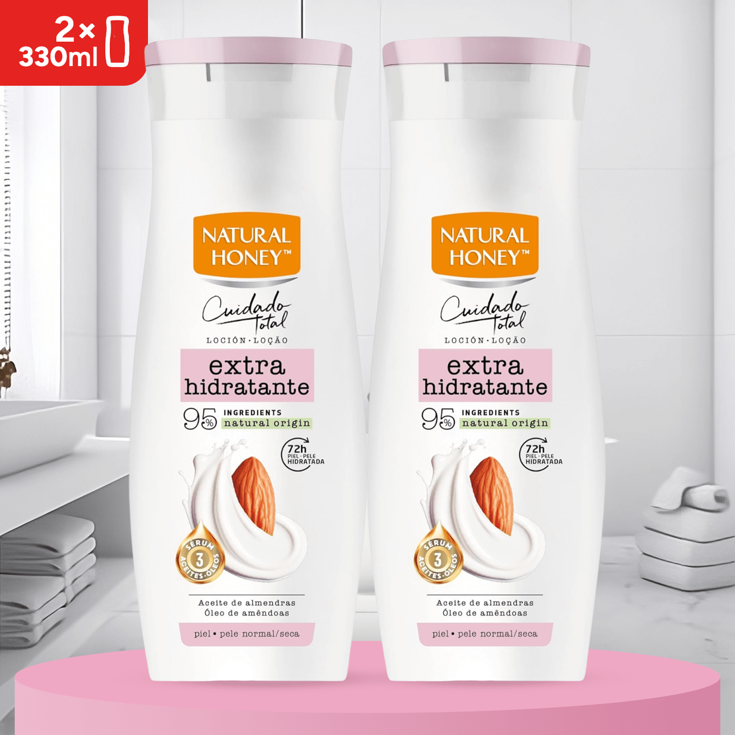 Natural Honey, Loción Corporal Aceite de Almendra Dulce Extra Hidratante, 72H de Hidratación Profunda, Fórmula Suave con Aceites Naturales, Piel Extra Suave y Luminosa, Línea Cuidado Total, 330 ml por Botella