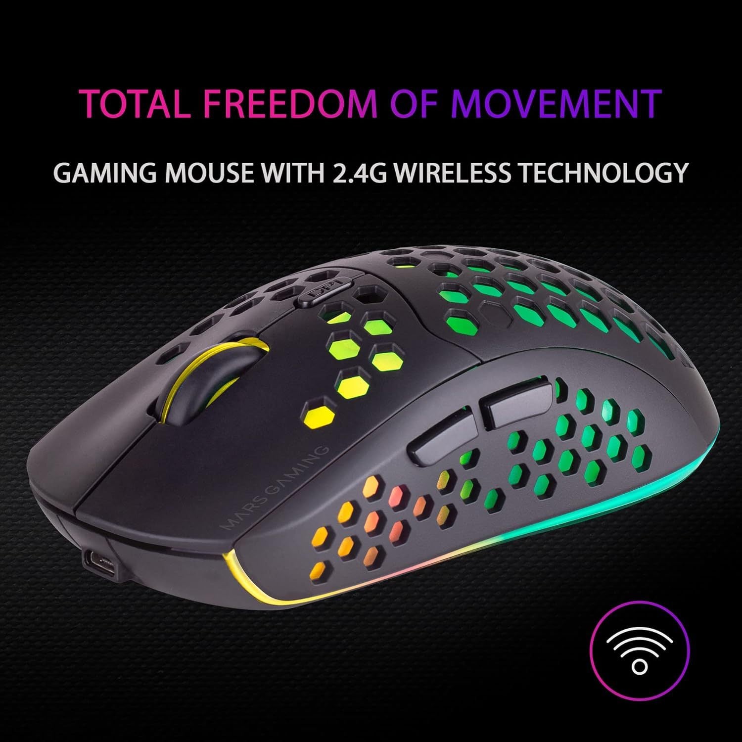 Mars Gaming MMW3, Ratón Gaming Inalámbrico Ultraligero Hive, RGB Flow, Sensor 3200 dpi, Switches Mecánicos HUANO, Batería Recargable, 2.4G USB, Negro