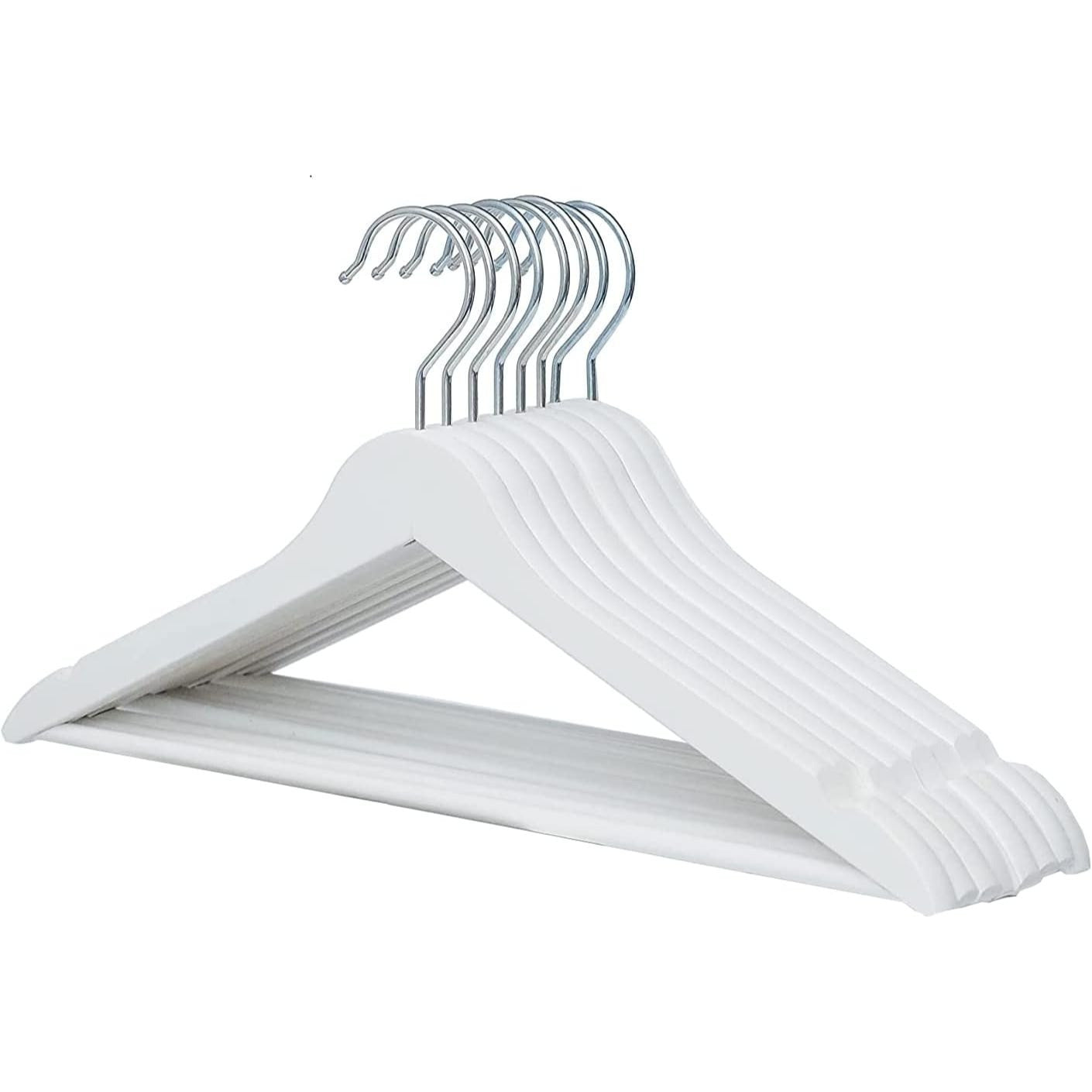 Perchas Ropa de Madera Maciza de Color Blanco, Gancho Rotatorio de 360º, Barra Horizontal, Muecas de Sujeción, Acabado en Vinilo, Perchas para Chaquetas, Trajes, Abrigos, Sudaderas