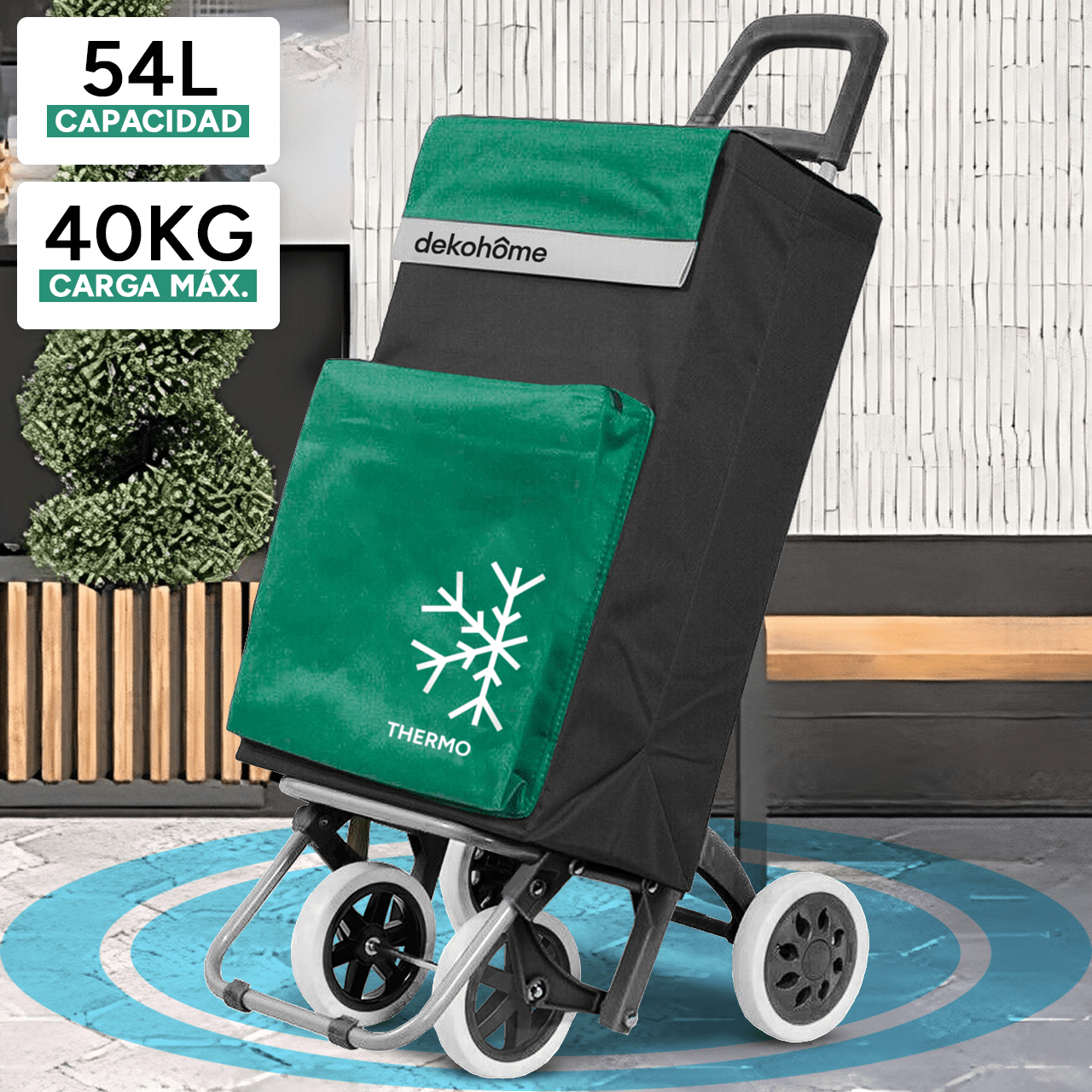 Carro Compra Plegable 4 Ruedas con Bolsillo Térmico para Congelados, Carro Plegable con Ruedas, 54 Litros de Capacidad y 40 Kg de Carga Máxima, Compartimentos Extra, Ruedas Grandes Resistentes para Facilitar el Movimiento y el Transporte del Peso