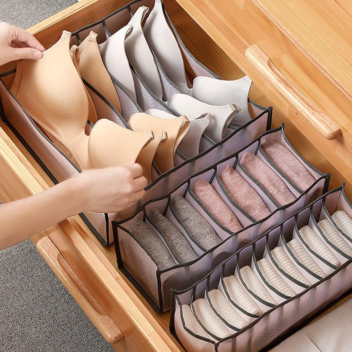Set de 3 Organizador Cajones Ropa, Organizador Armario Ropa, Organizador Ropa Interior, Transpirable, Ropa Organizada, Ordenada y Visible, Ideal para Cajones, 1 Organizador de 32 x 32 x 12 cm, 2 Organizadores de 12 x 32 x 12 cm, Múltiples Compartimentos