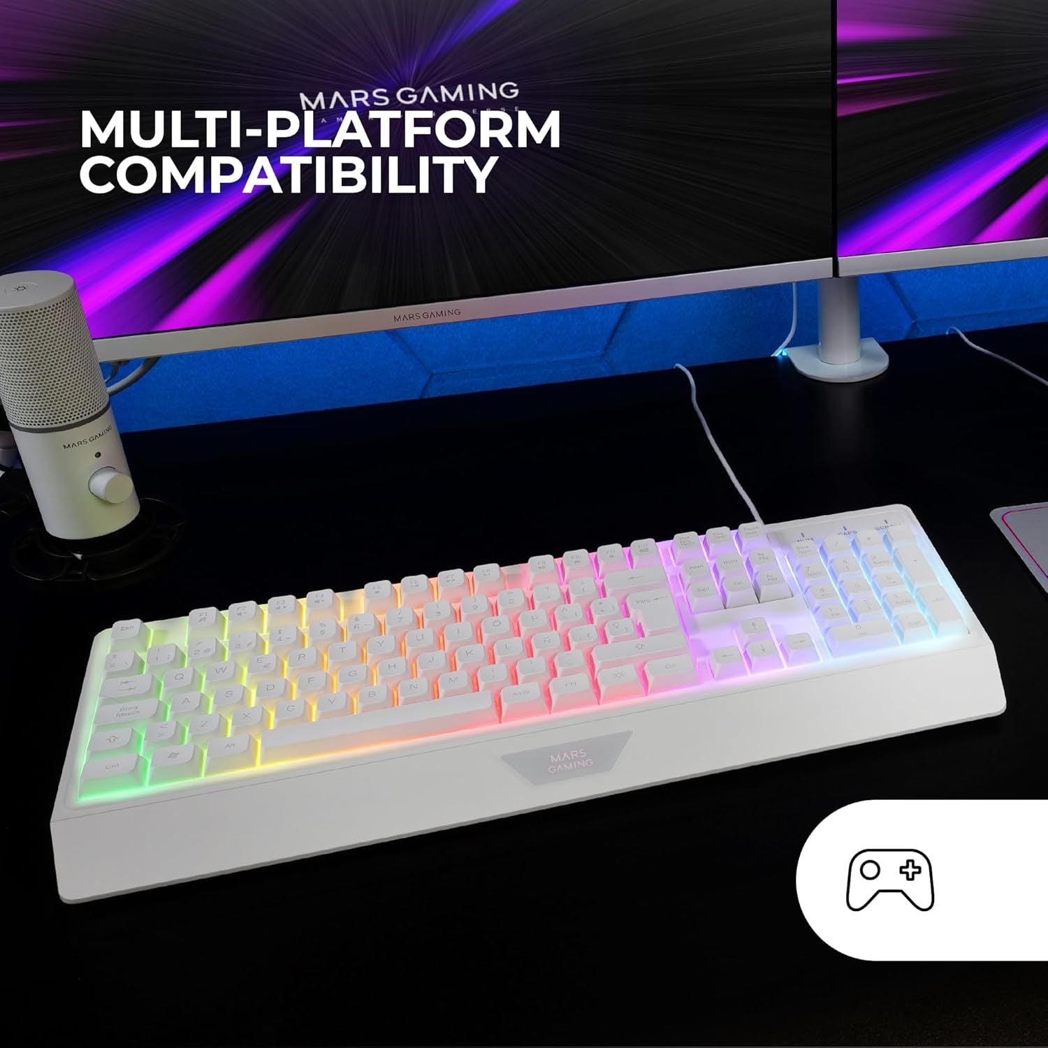 Mars Gaming MK124, Teclado Ergonómico H-Mech, Reposamuñecas Integrado, Iluminación FRGB Rainbow, Teclado Gaming Antighosting Avanzado, Teclado PC Completo Multiplataforma, Idioma Francés, Blanco
