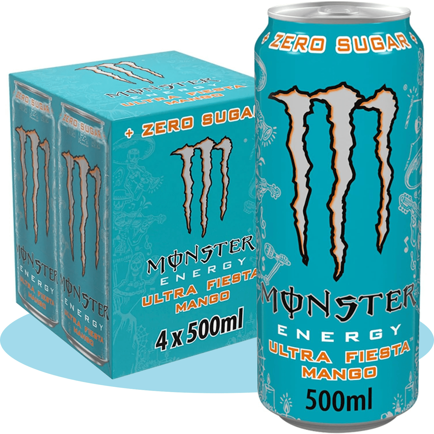 MONSTER ENERGY Ultra Fiesta Mango Bebida Energética Sabor Mango, Sin Azúcar, 4 Latas de 500ml