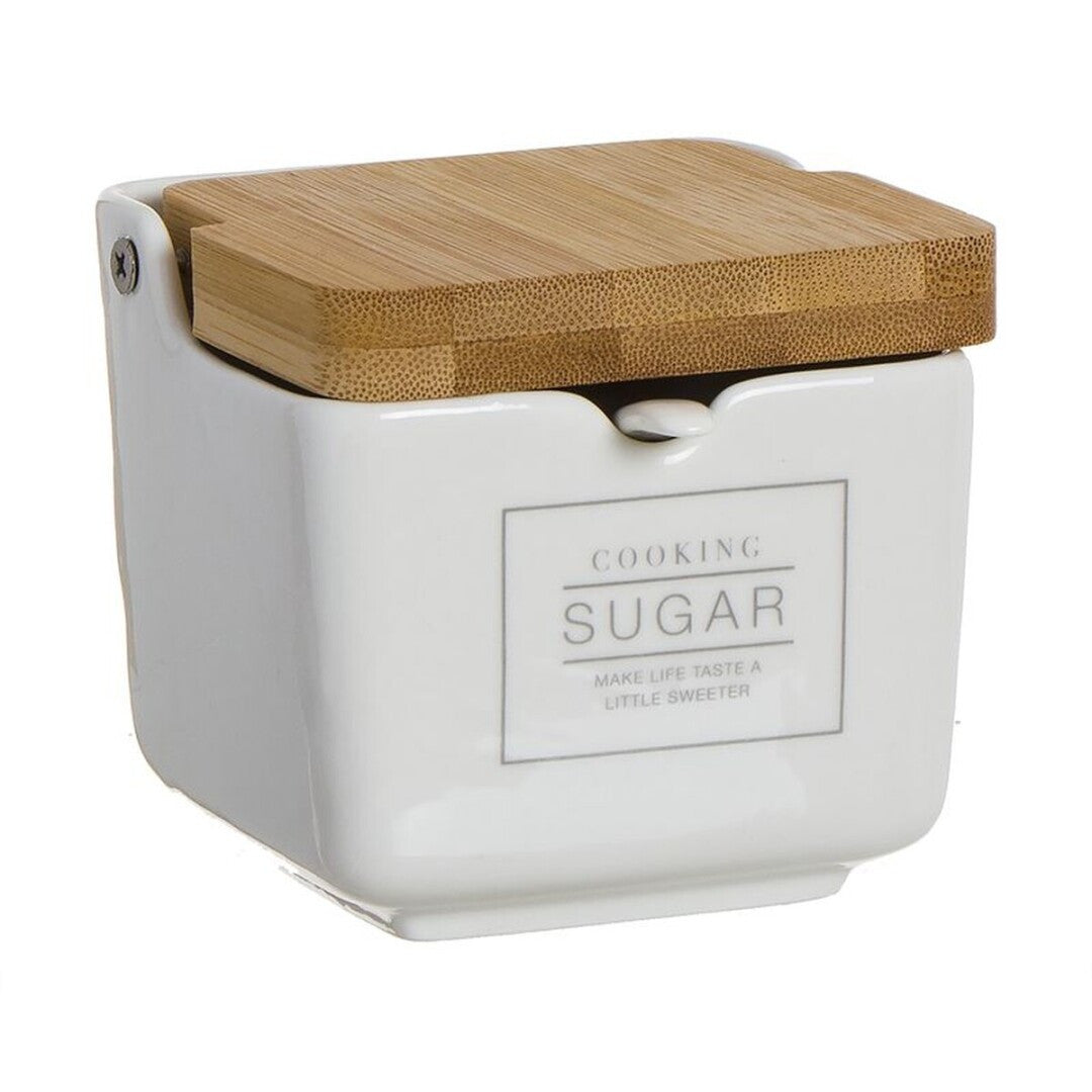 Azucarero Cocina con Tapa, Hecho de Cerámica y Madera, Recipiente para Especias y Aliños, Blanco con Diseño, 8 x 8 x 8 cm